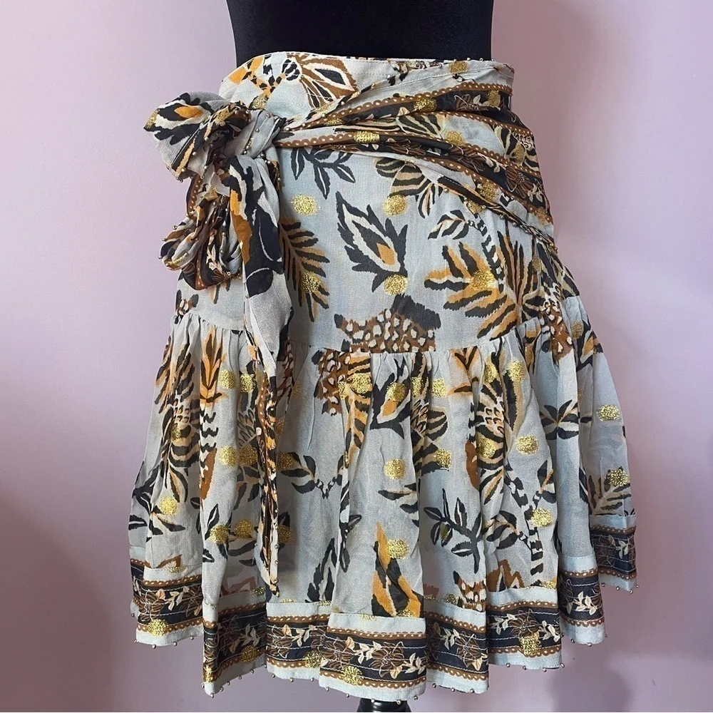 NEW! Farm Rio- Floral Tapestry Silver Blue Mini Skirt Size Medium Metallic Floun